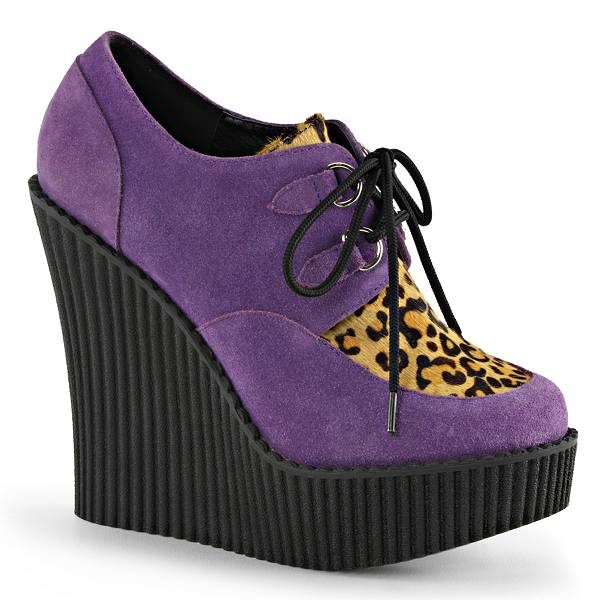 Demonia Women's Creeper-304 Wedge Oxford Shoes - Purple Vegan Suede/Animal D6148-32US Clearance